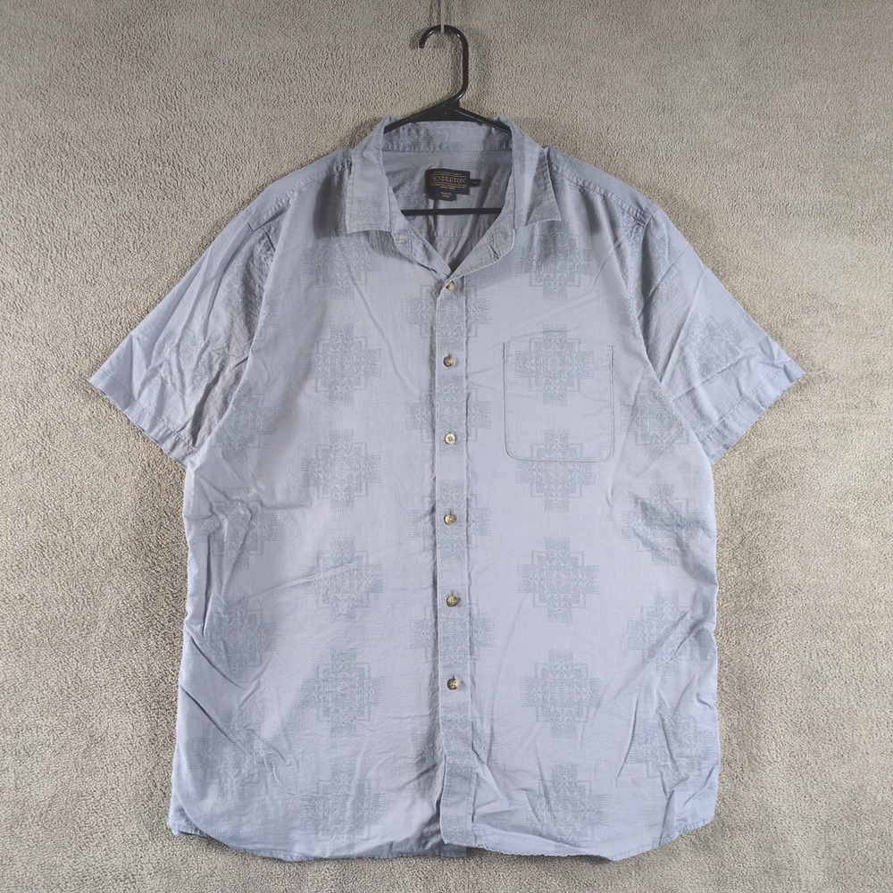Pendleton Mens Short Sleeve Button Up Shirt‎ Light Blue Geometric Pattern XL